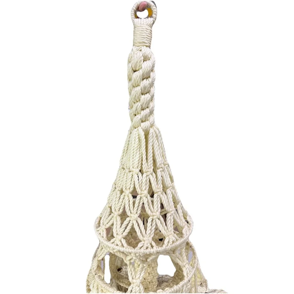 Vintage XL Macrame Hanging table & plant Hanger Retro Boho 70s Cream 88